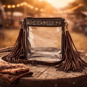 New Stadium Concert Bag Clear Adjustable Crossbody with Brown Leather Fringe